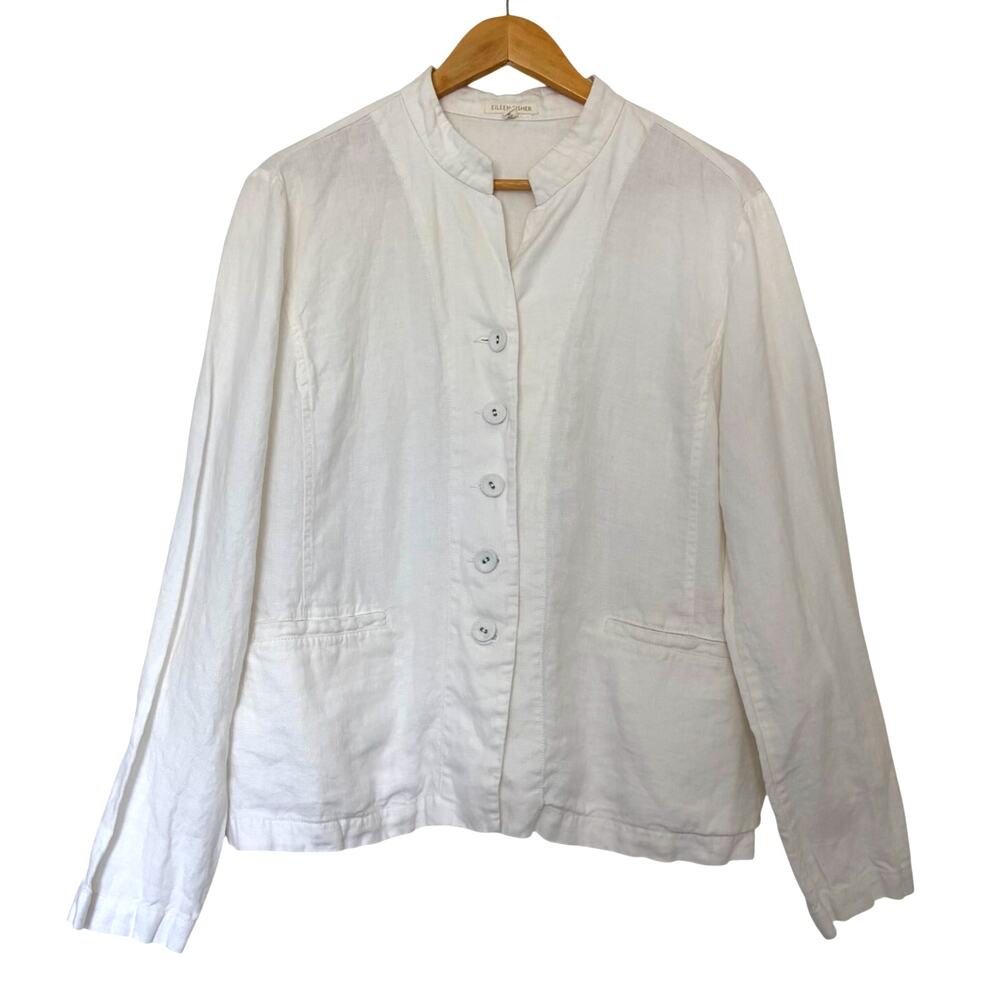 Eileen Fisher 100% Linen Mandarin Collar Jacket White Size XL Lagenlook Natural